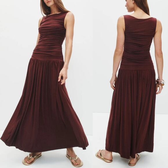 Summer Away Patmos Dress Sleeveless Ruched Drop Waist Maxi Dark Walnut Brown XS - Picture 1 of 7
